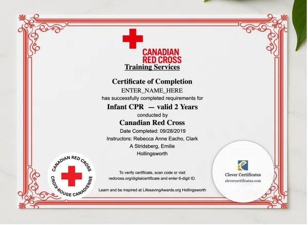 Infant CPR Certificate Landscape presented in a sleek wooden frame, elegantly arranged on a stylish table.