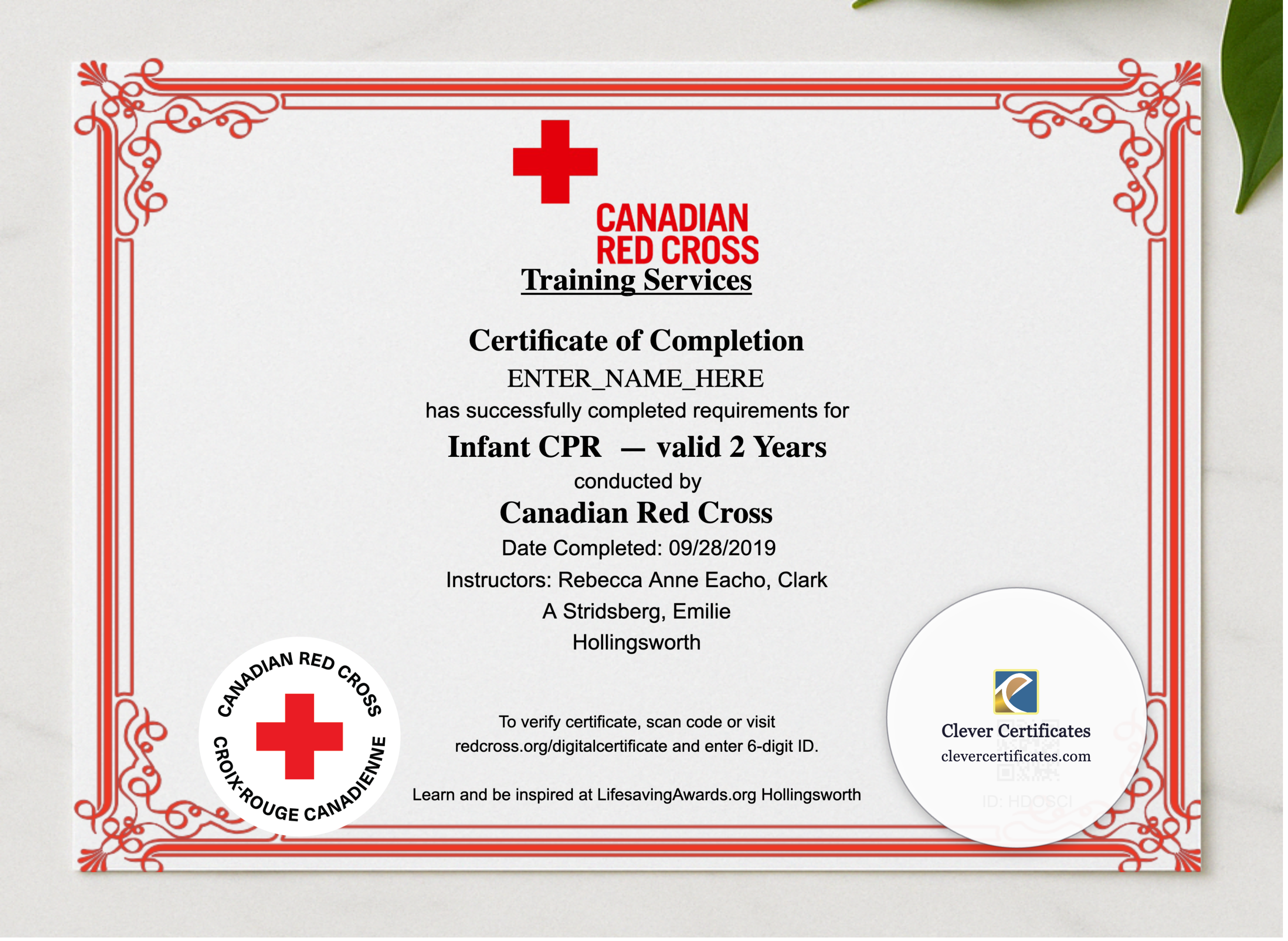 Infant CPR Certificate Landscape presented in a sleek wooden frame, elegantly arranged on a stylish table.