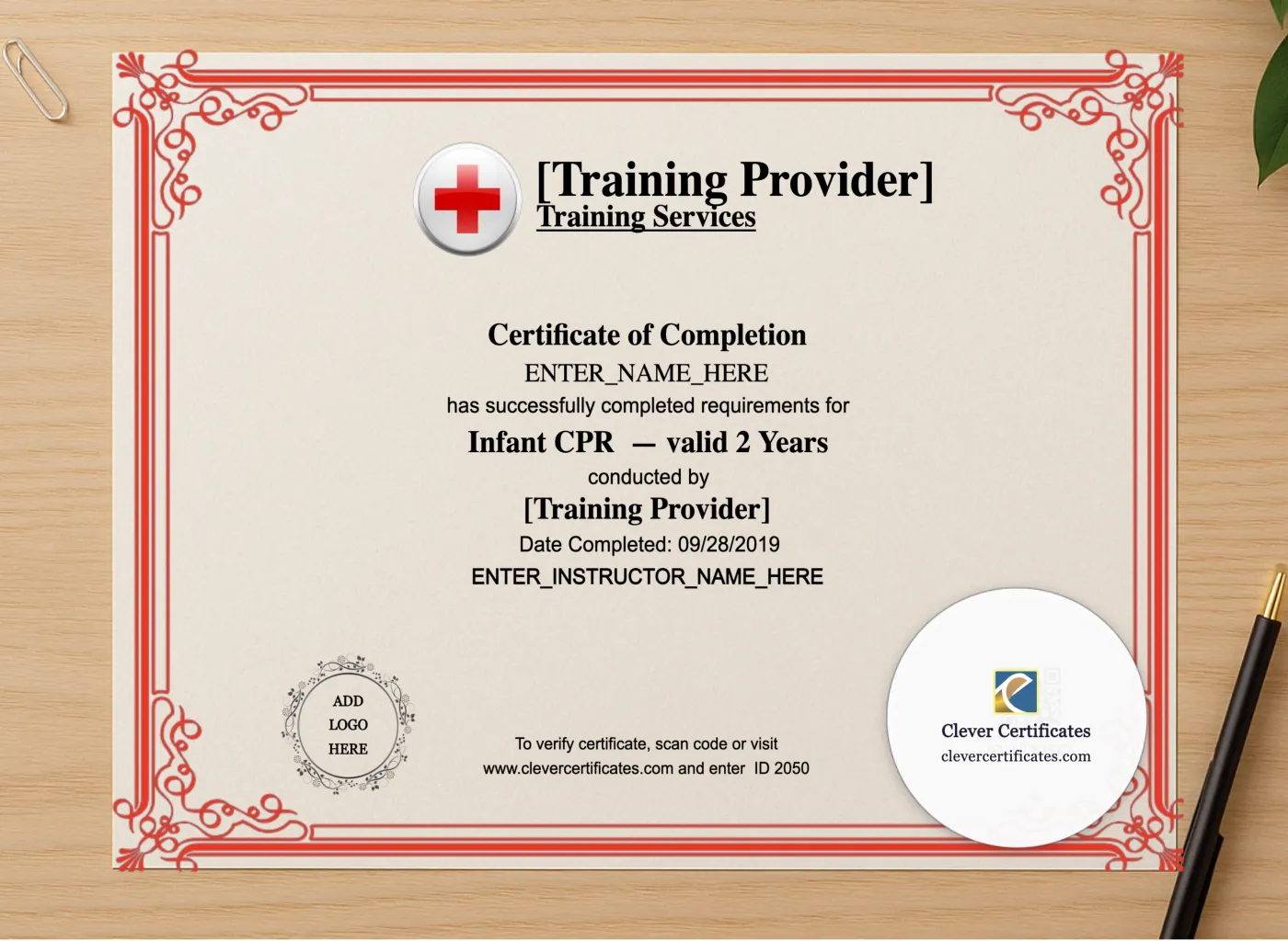 Professional preview of Infant CPR Certificate Landscape certificate on high-quality stationery paper, ideal for showcasing the final look.
