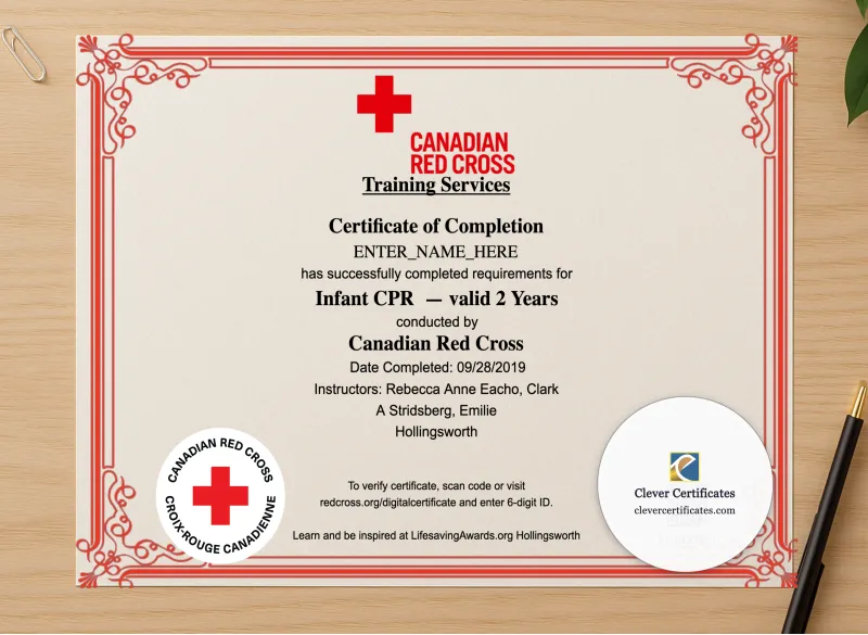 Professional preview of Infant CPR Certificate Landscape certificate on high-quality stationery paper, ideal for showcasing the final look.