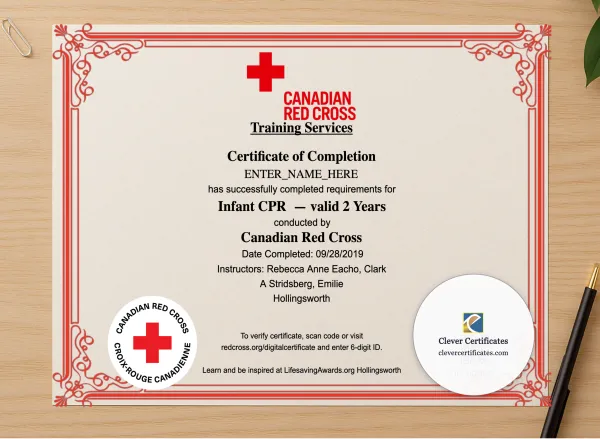 Professional preview of Infant CPR Certificate Landscape certificate on high-quality stationery paper, ideal for showcasing the final look.