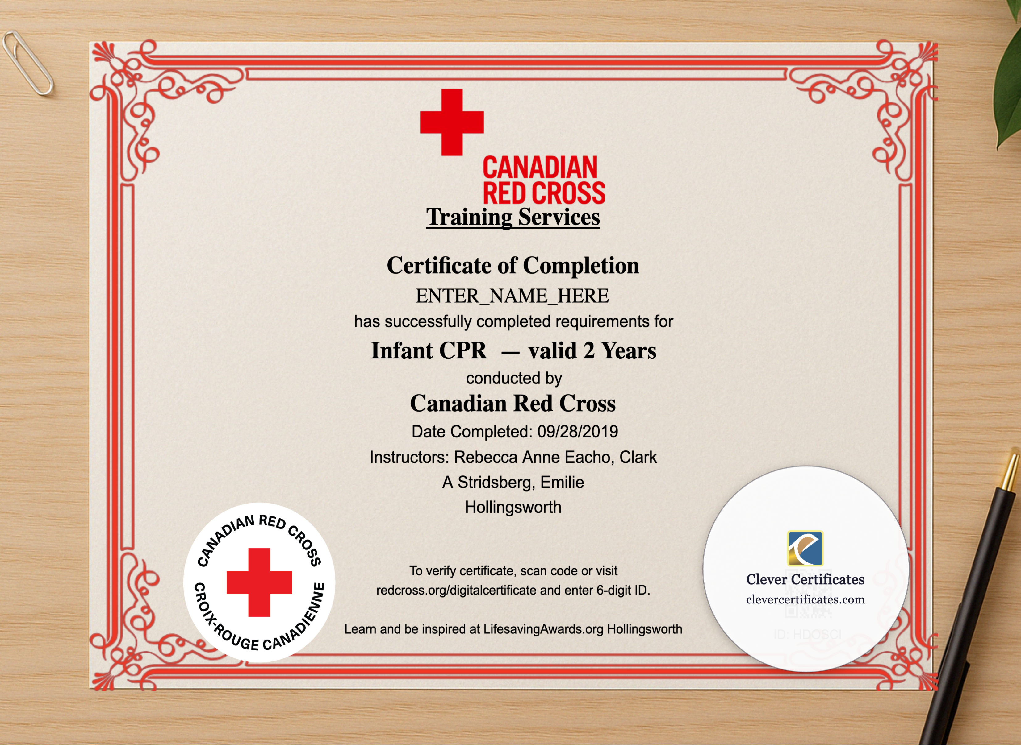 Professional preview of Infant CPR Certificate Landscape certificate on high-quality stationery paper, ideal for showcasing the final look.