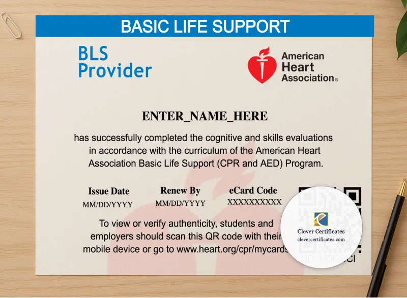 Professional preview of BLS Certificate Landscape certificate on high-quality stationery paper, ideal for showcasing the final look.