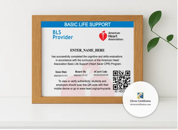 Realistic mockup featuring Heartsaver CPR Certificate Landscape displayed within a modern frame, set against a minimalistic background.