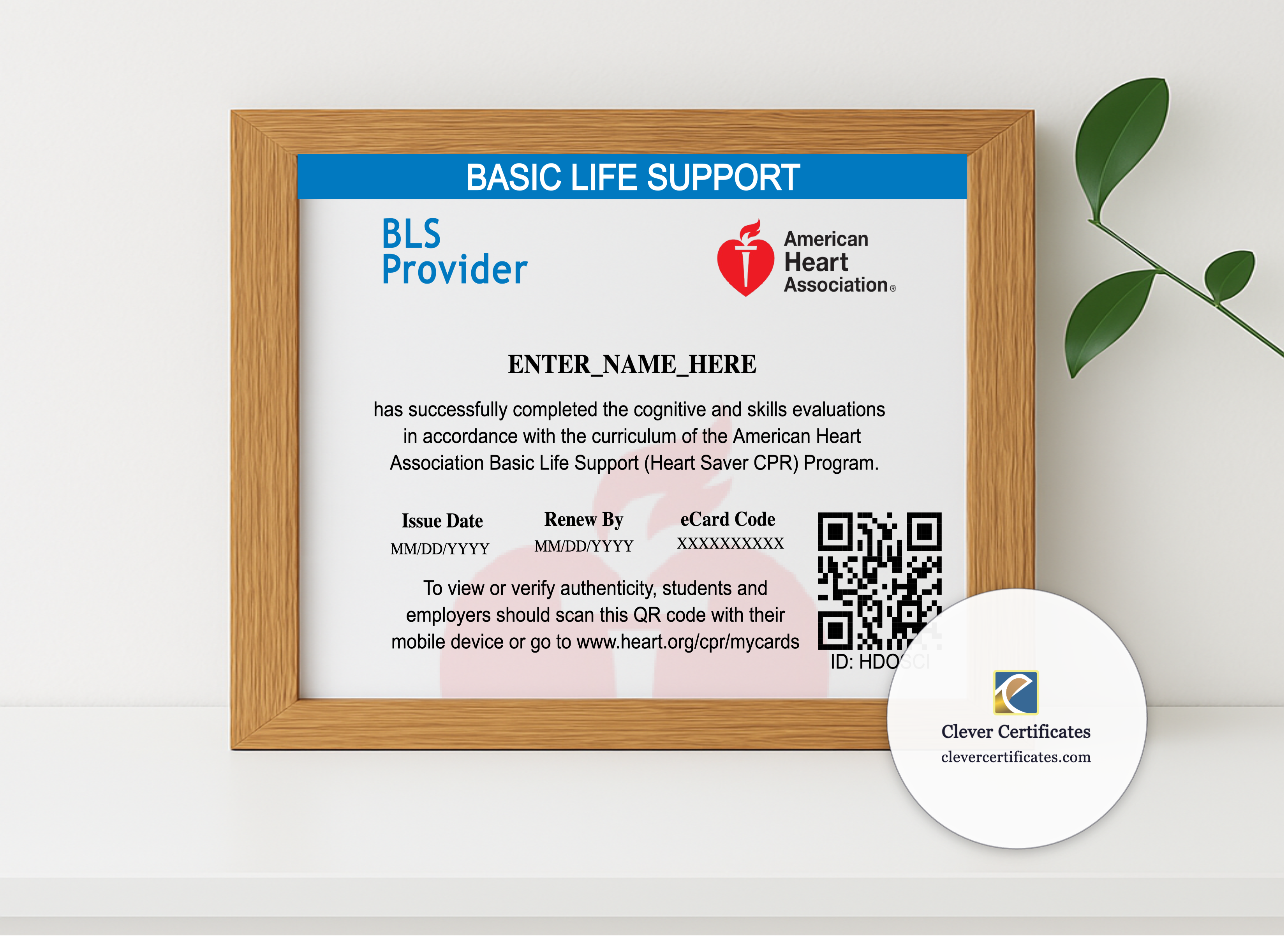 Realistic mockup featuring Heartsaver CPR Certificate Landscape displayed within a modern frame, set against a minimalistic background.