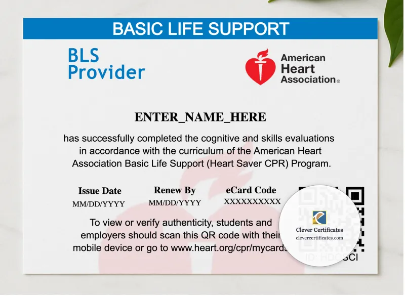 Heartsaver CPR Certificate Landscape presented in a sleek wooden frame, elegantly arranged on a stylish table.