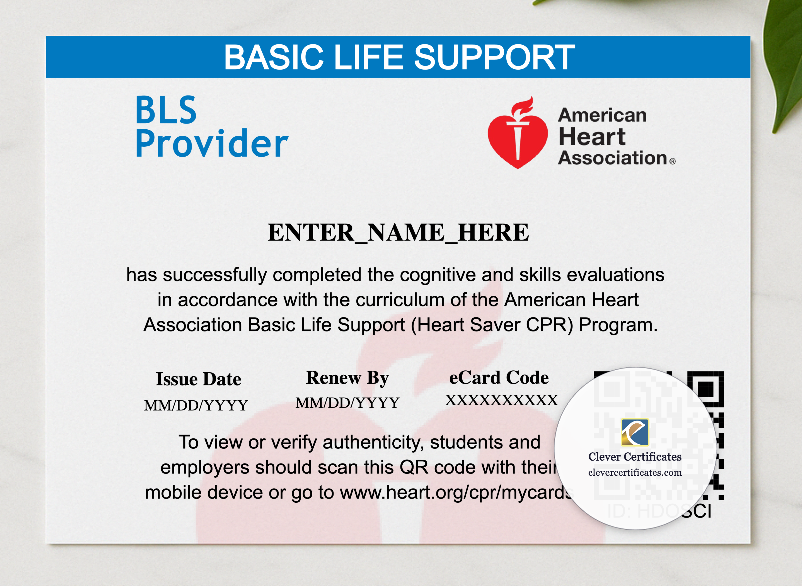 Heartsaver CPR Certificate Landscape presented in a sleek wooden frame, elegantly arranged on a stylish table.