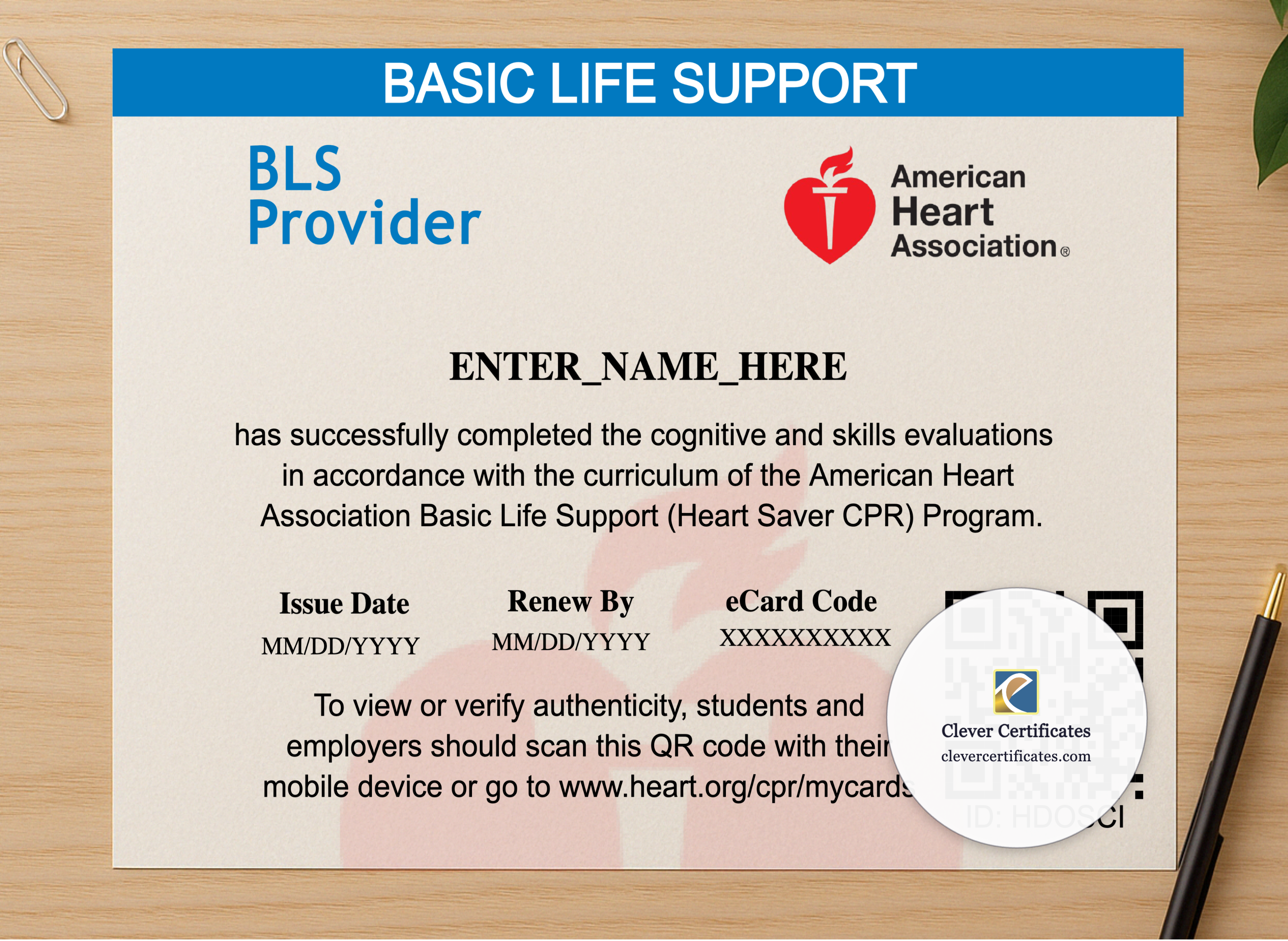Professional preview of Heartsaver CPR Certificate Landscape certificate on high-quality stationery paper, ideal for showcasing the final look.