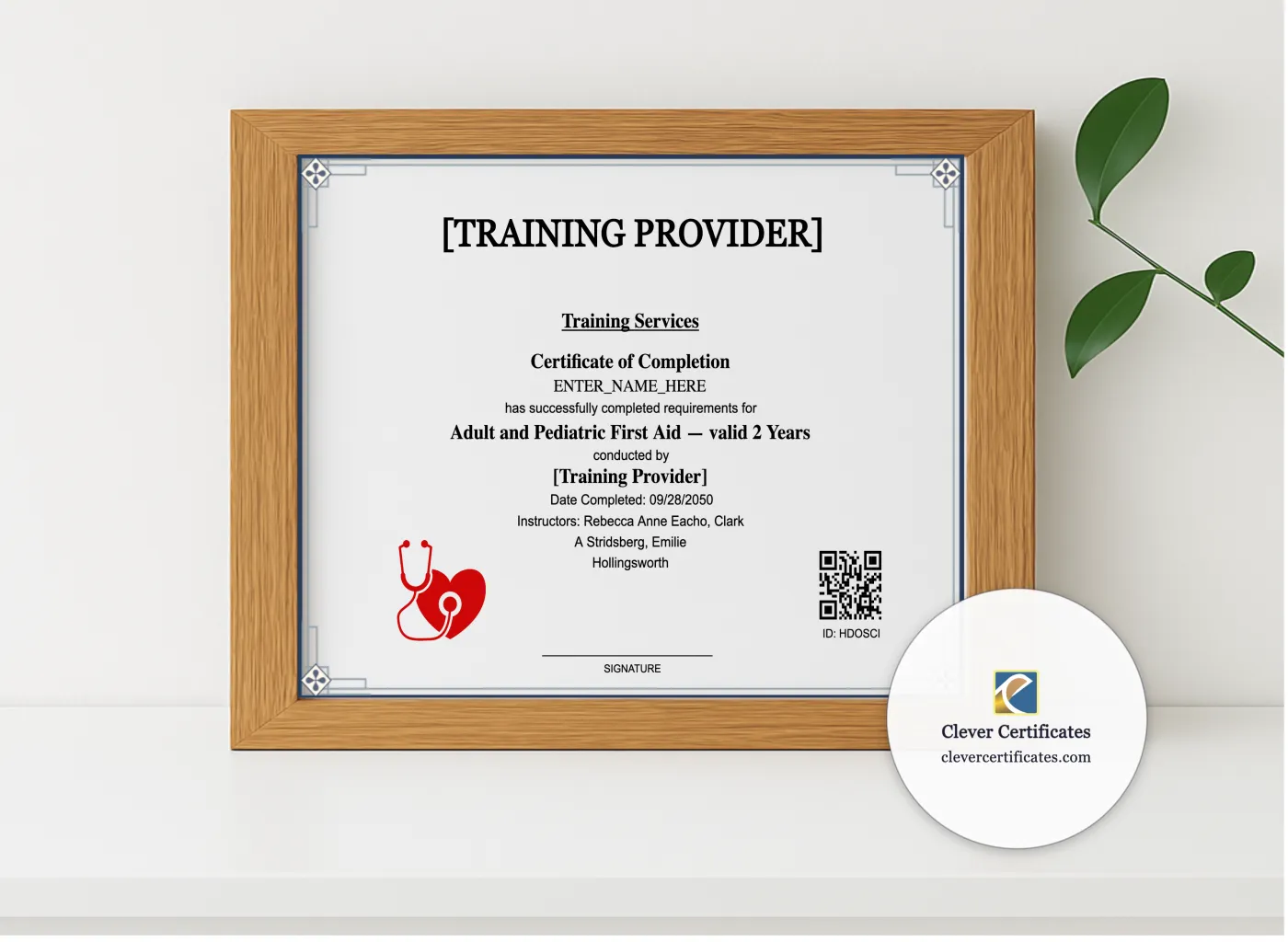 Realistic mockup featuring Workplace First Aid Certificate Landscape displayed within a modern frame, set against a minimalistic background.