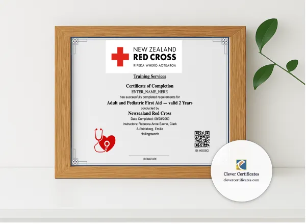 Realistic mockup featuring Workplace First Aid Certificate Landscape displayed within a modern frame, set against a minimalistic background.