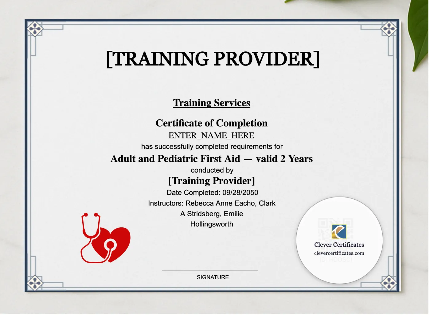 Workplace First Aid Certificate Landscape presented in a sleek wooden frame, elegantly arranged on a stylish table.