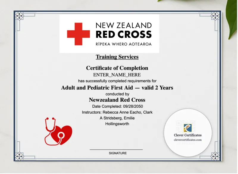 Workplace First Aid Certificate Landscape presented in a sleek wooden frame, elegantly arranged on a stylish table.