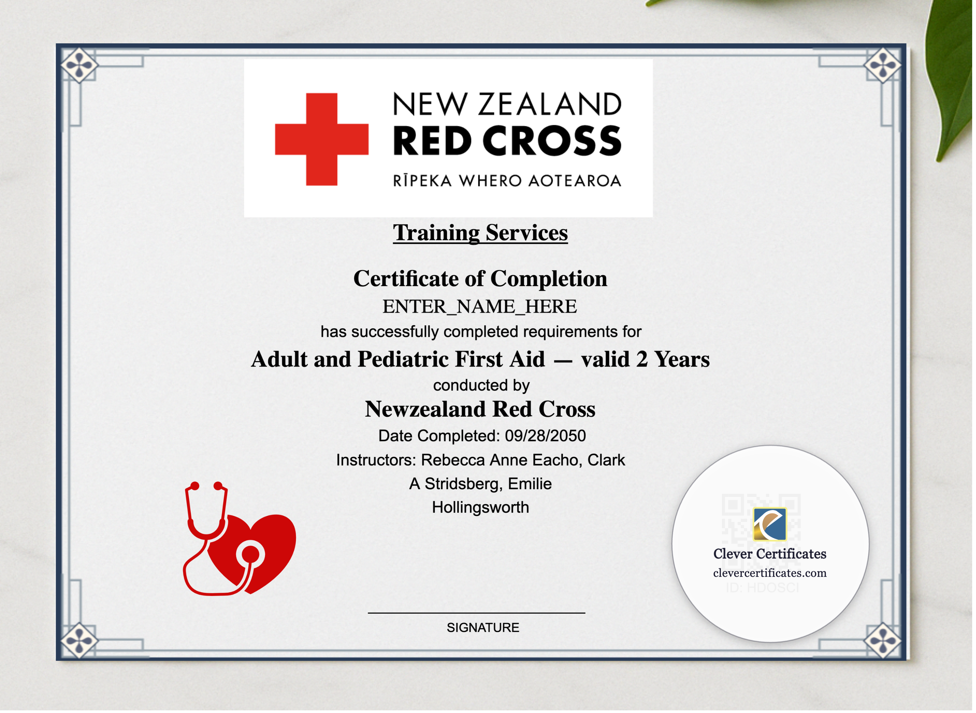 Workplace First Aid Certificate Landscape presented in a sleek wooden frame, elegantly arranged on a stylish table.