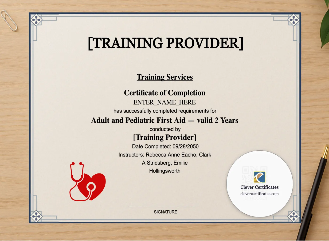 Professional preview of Workplace First Aid Certificate Landscape certificate on high-quality stationery paper, ideal for showcasing the final look.