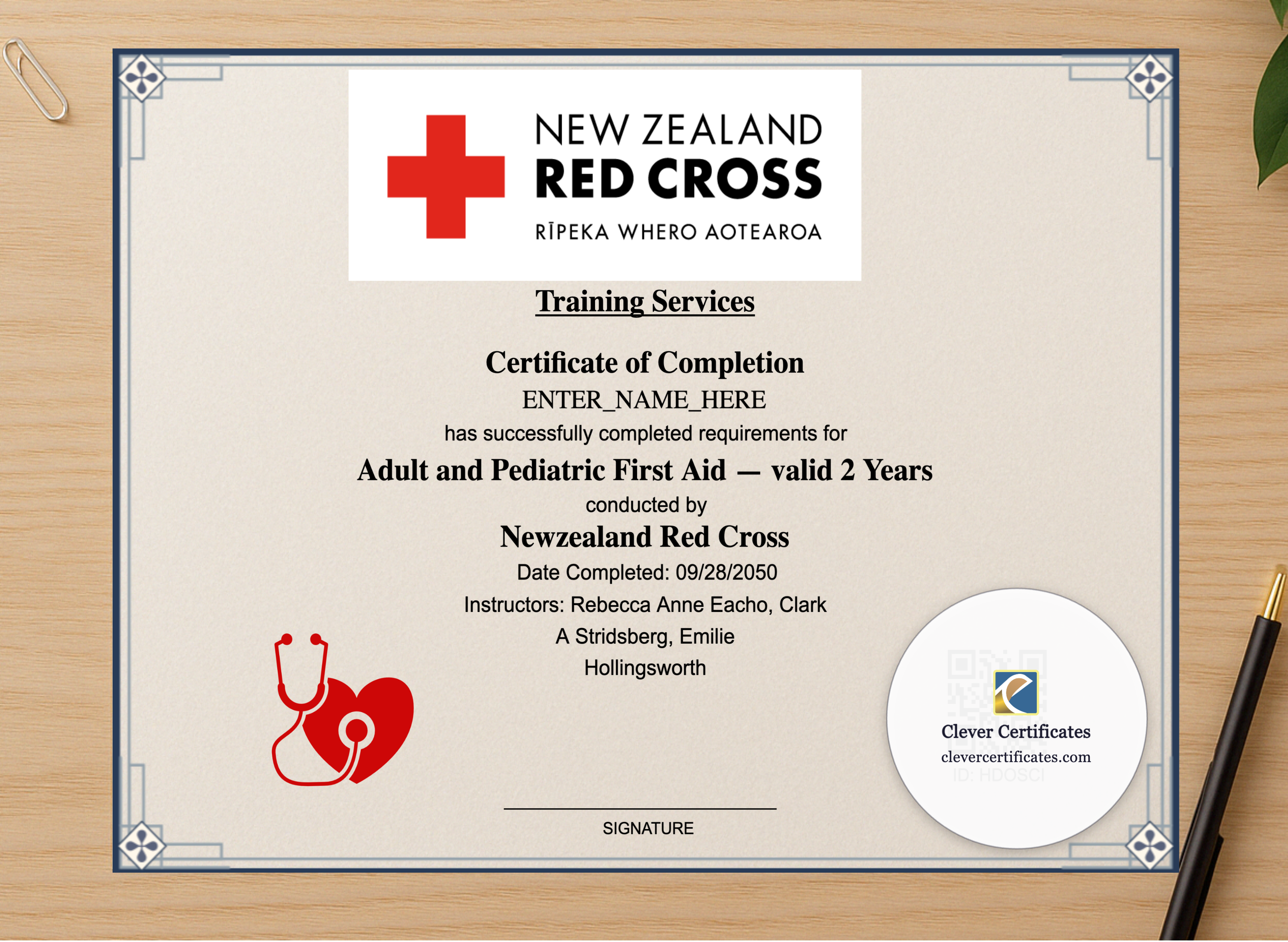 Professional preview of Workplace First Aid Certificate Landscape certificate on high-quality stationery paper, ideal for showcasing the final look.