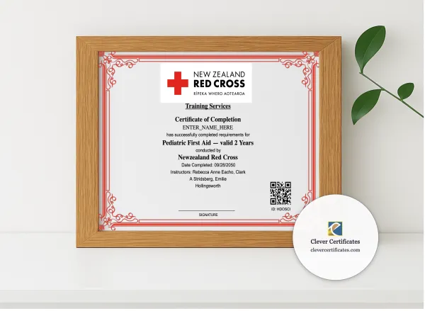 Realistic mockup featuring Pediatric First Aid Certificate Landscape displayed within a modern frame, set against a minimalistic background.