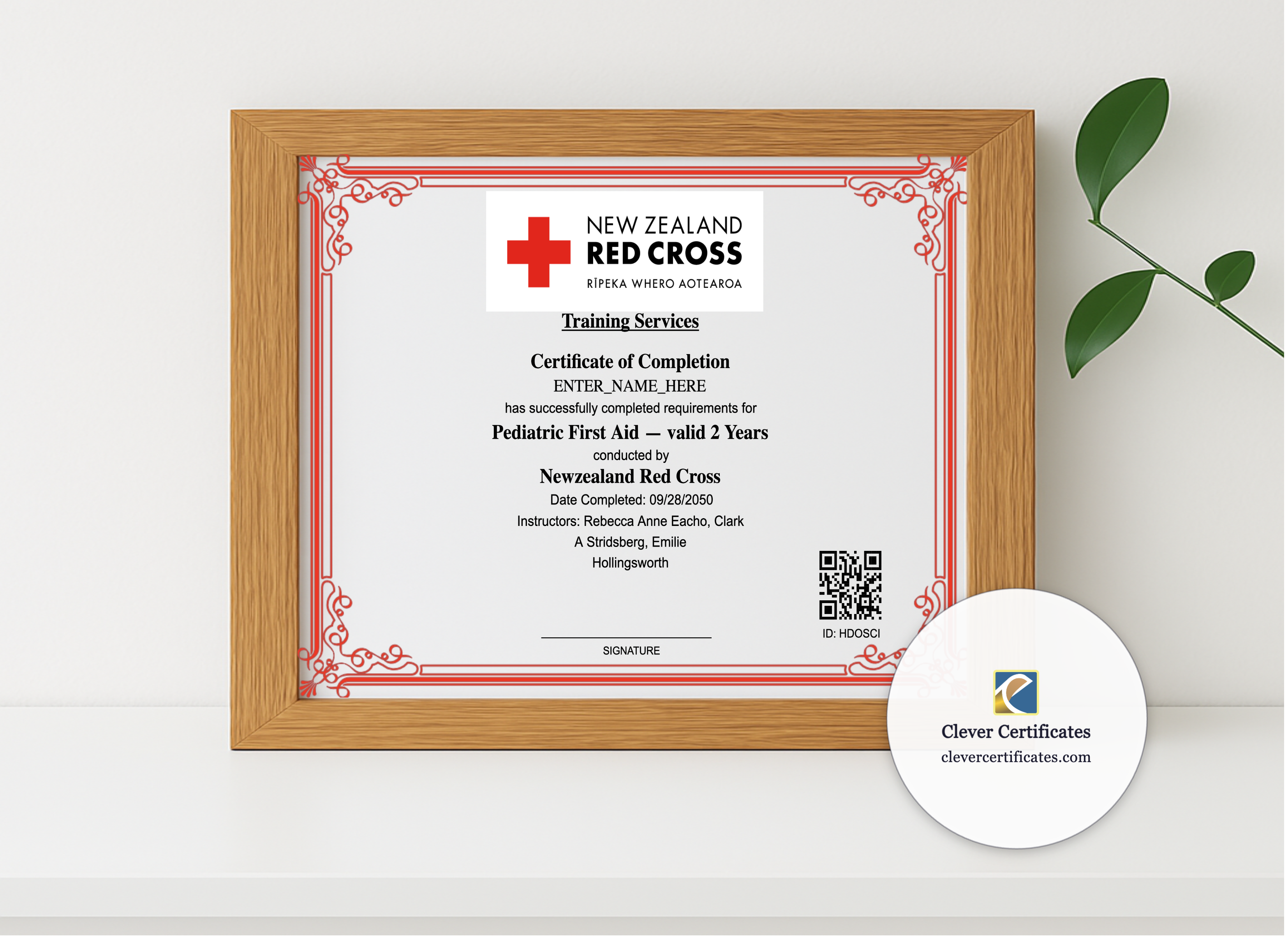 Realistic mockup featuring Pediatric First Aid Certificate Landscape displayed within a modern frame, set against a minimalistic background.