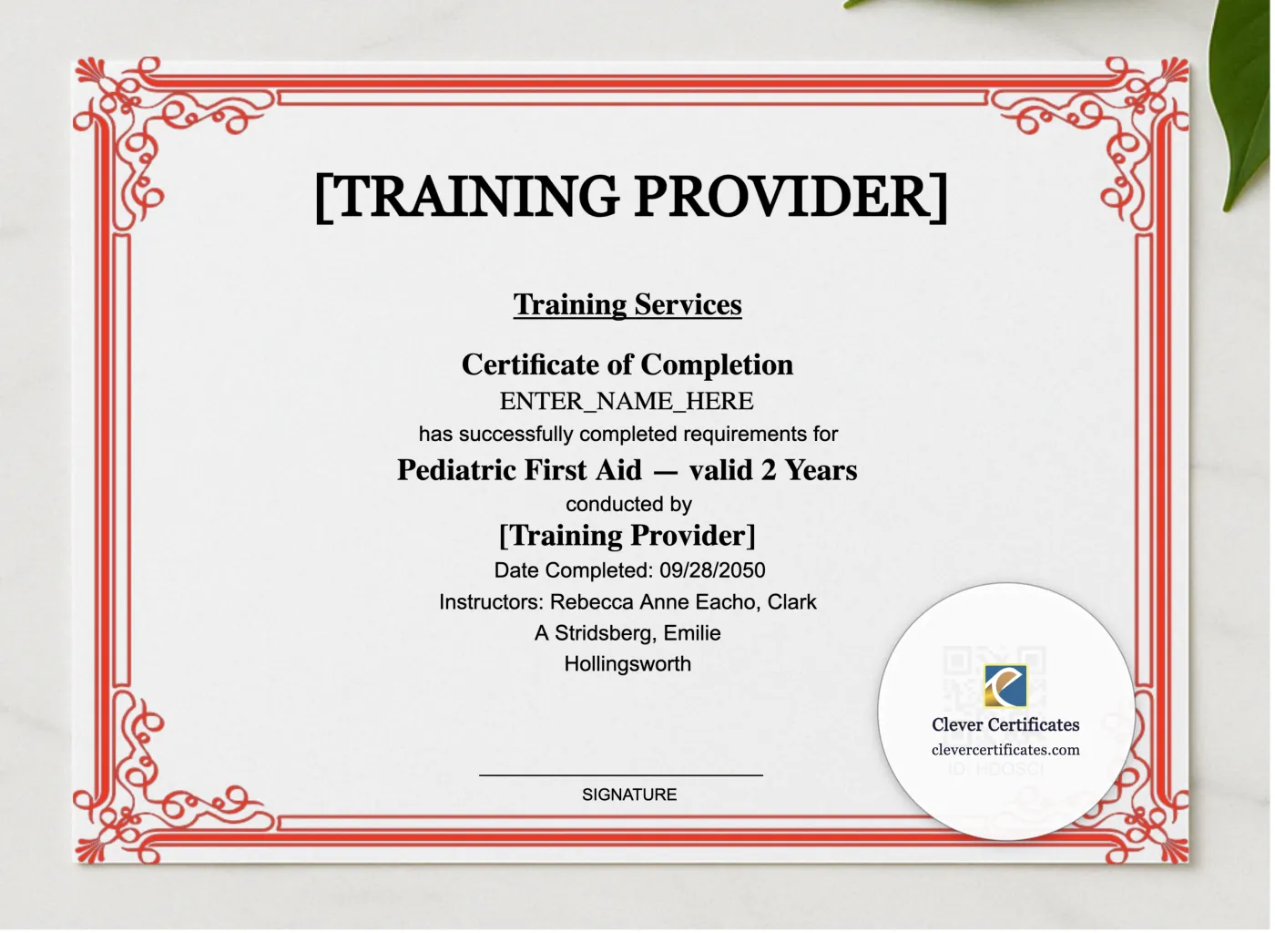 Pediatric First Aid Certificate Landscape presented in a sleek wooden frame, elegantly arranged on a stylish table.