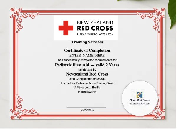 Pediatric First Aid Certificate Landscape presented in a sleek wooden frame, elegantly arranged on a stylish table.
