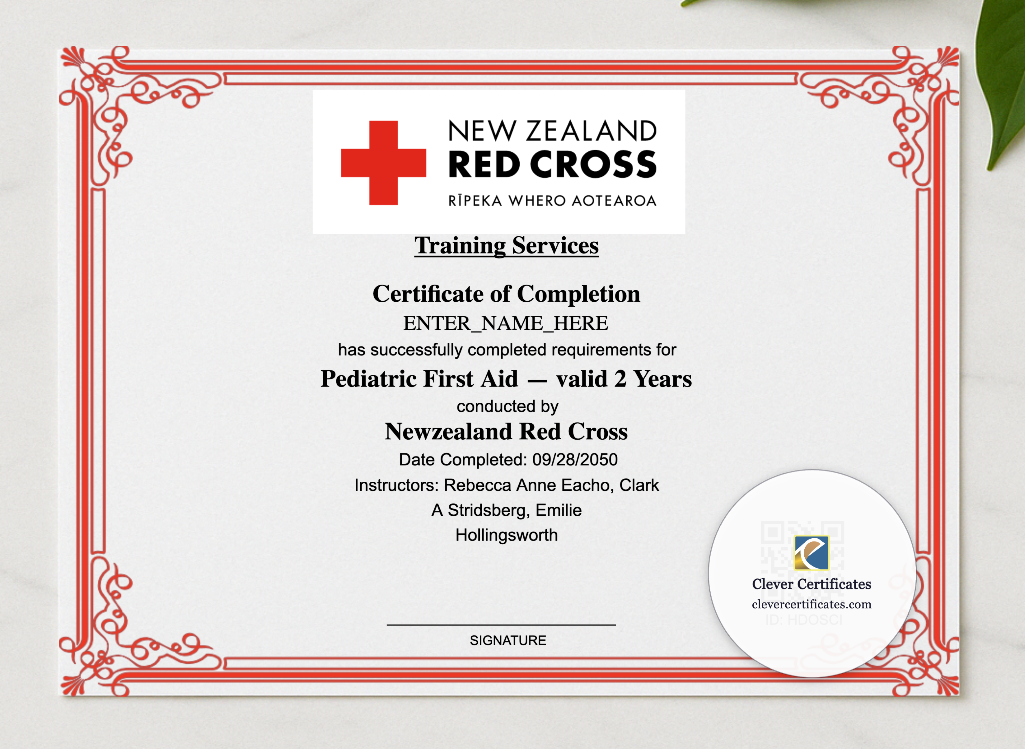 Pediatric First Aid Certificate Landscape presented in a sleek wooden frame, elegantly arranged on a stylish table.