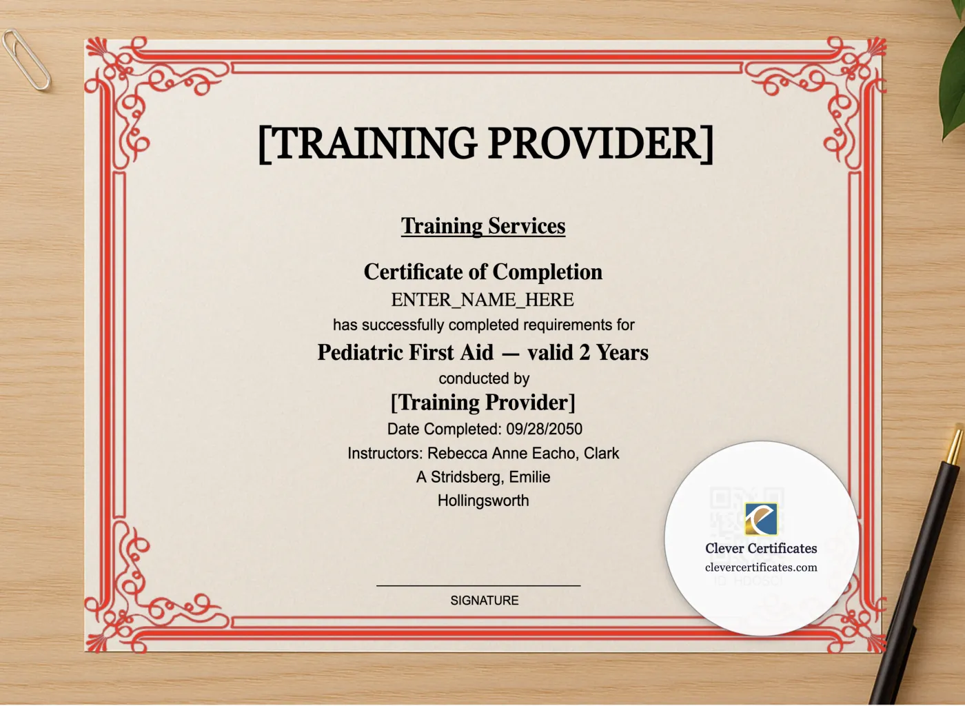 Professional preview of Pediatric First Aid Certificate Landscape certificate on high-quality stationery paper, ideal for showcasing the final look.