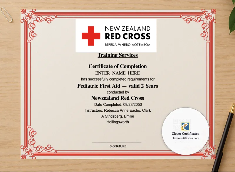 Professional preview of Pediatric First Aid Certificate Landscape certificate on high-quality stationery paper, ideal for showcasing the final look.