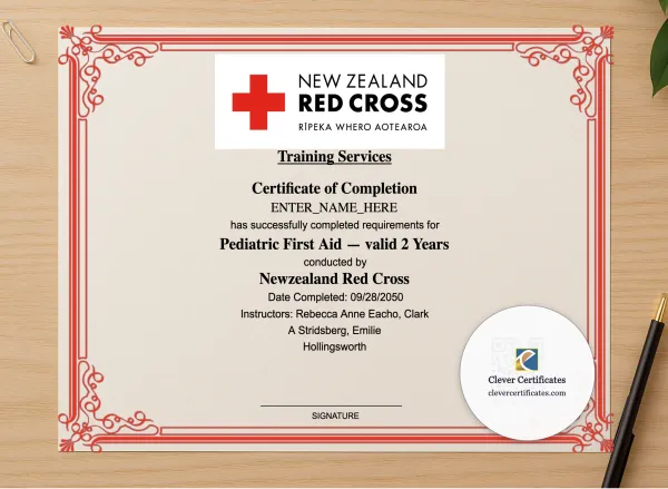 Professional preview of Pediatric First Aid Certificate Landscape certificate on high-quality stationery paper, ideal for showcasing the final look.