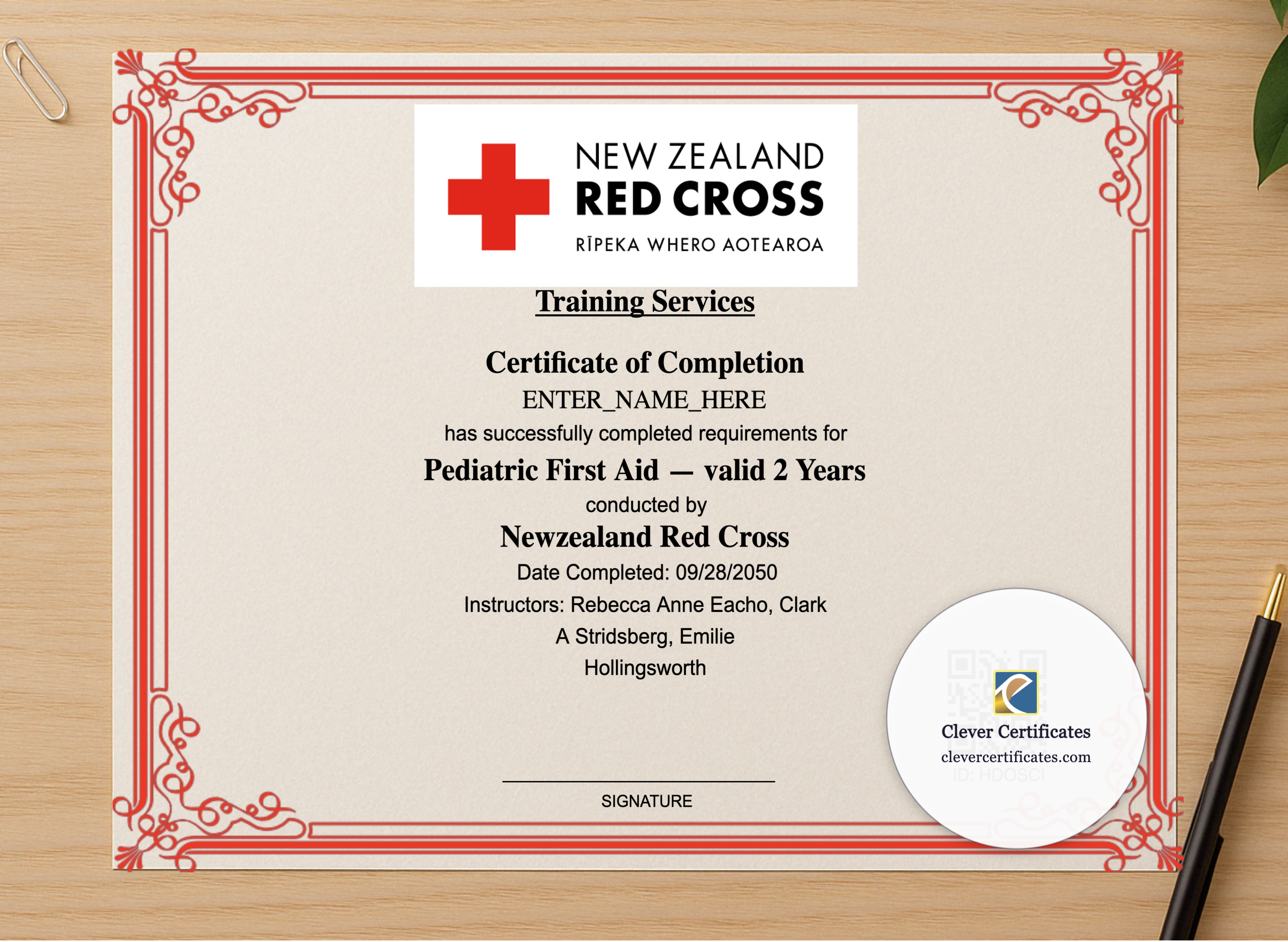 Professional preview of Pediatric First Aid Certificate Landscape certificate on high-quality stationery paper, ideal for showcasing the final look.