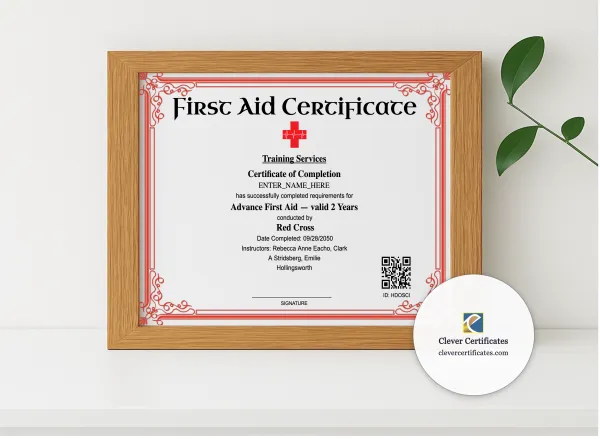 Realistic mockup featuring Advanced First Aid Certificate Landscape displayed within a modern frame, set against a minimalistic background.