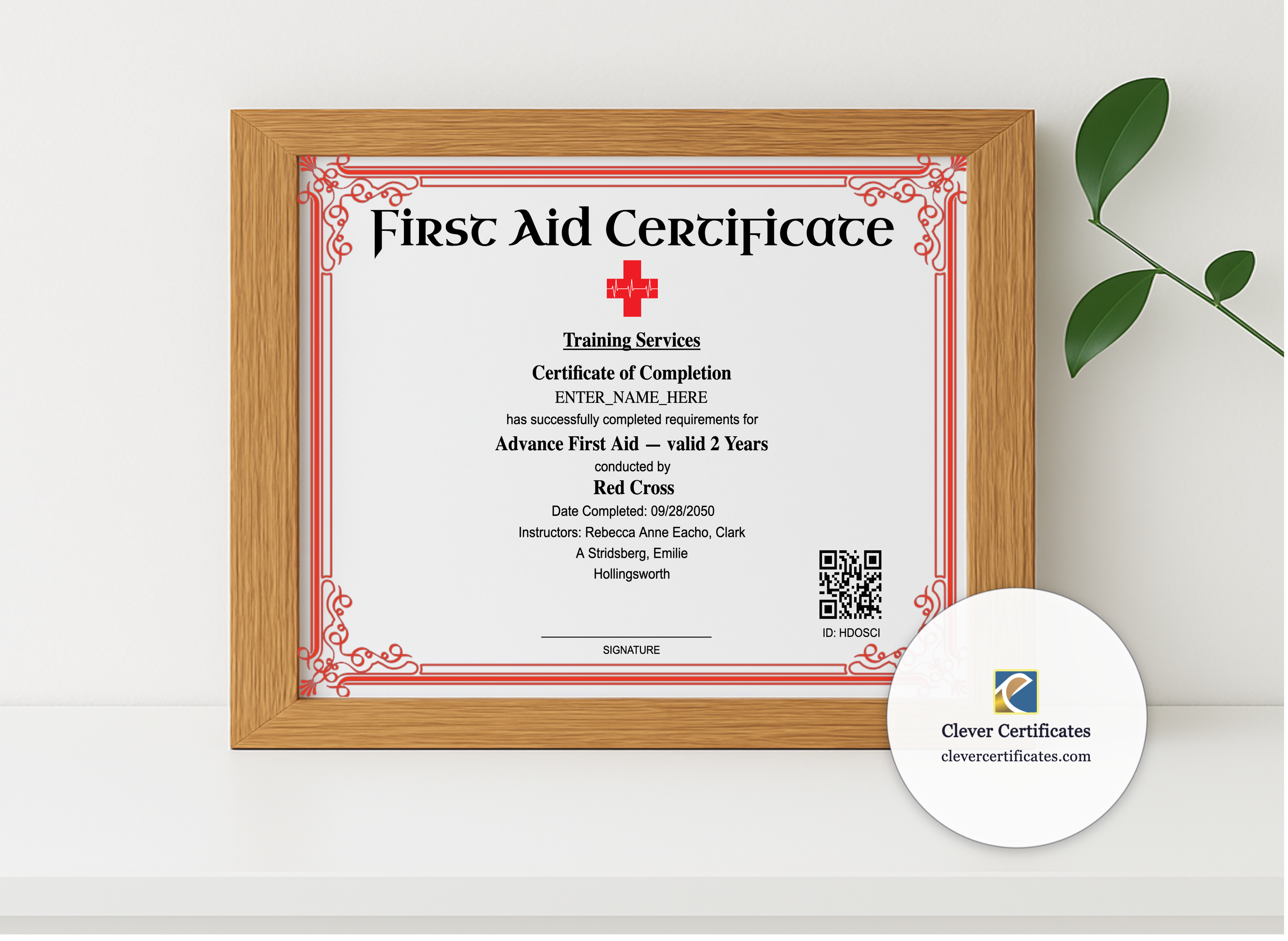 Realistic mockup featuring Advanced First Aid Certificate Landscape displayed within a modern frame, set against a minimalistic background.