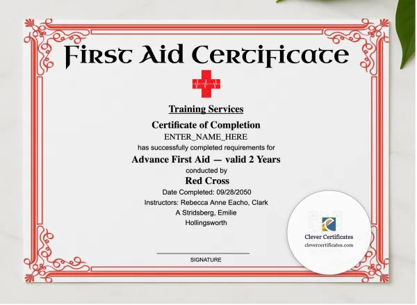 Advanced First Aid Certificate Landscape presented in a sleek wooden frame, elegantly arranged on a stylish table.