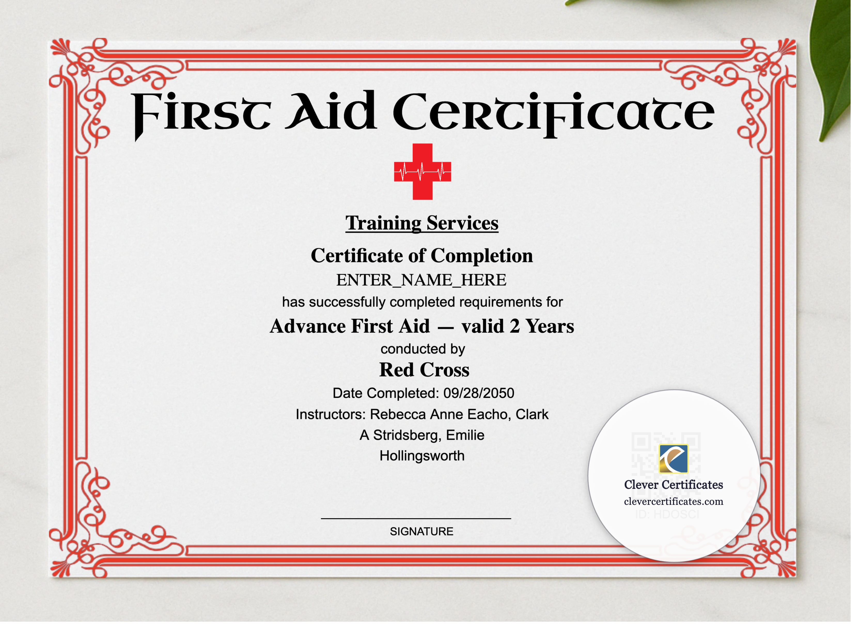 Advanced First Aid Certificate Landscape presented in a sleek wooden frame, elegantly arranged on a stylish table.