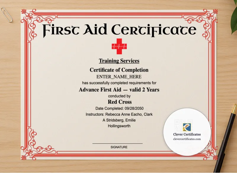 Professional preview of Advanced First Aid Certificate Landscape certificate on high-quality stationery paper, ideal for showcasing the final look.