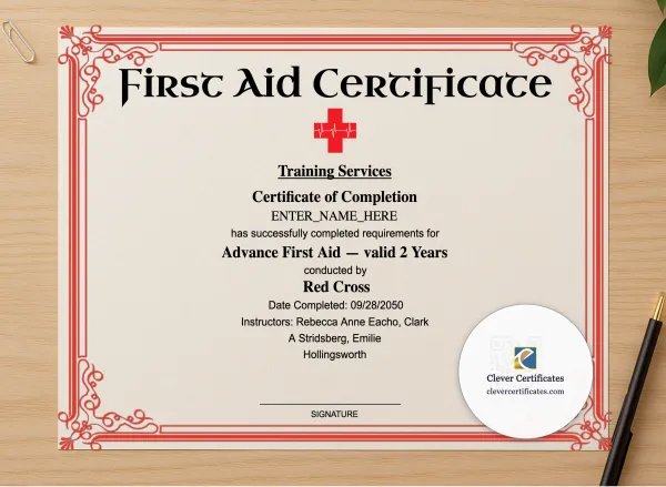 Professional preview of Advanced First Aid Certificate Landscape certificate on high-quality stationery paper, ideal for showcasing the final look.