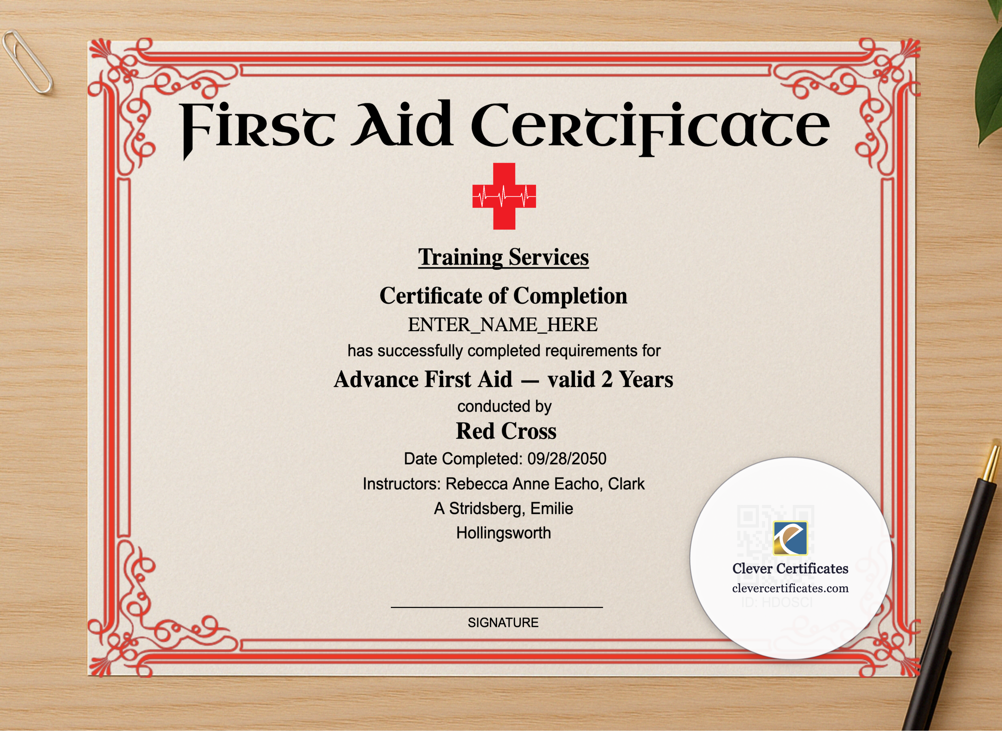 Professional preview of Advanced First Aid Certificate Landscape certificate on high-quality stationery paper, ideal for showcasing the final look.