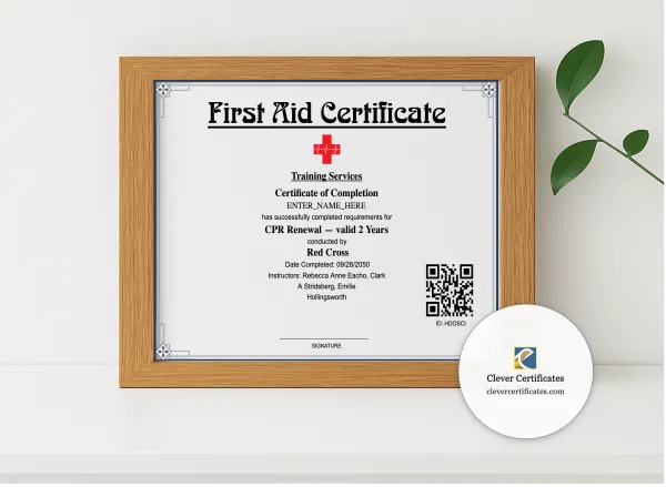 Realistic mockup featuring CPR Renewal Certificate Landscape displayed within a modern frame, set against a minimalistic background.