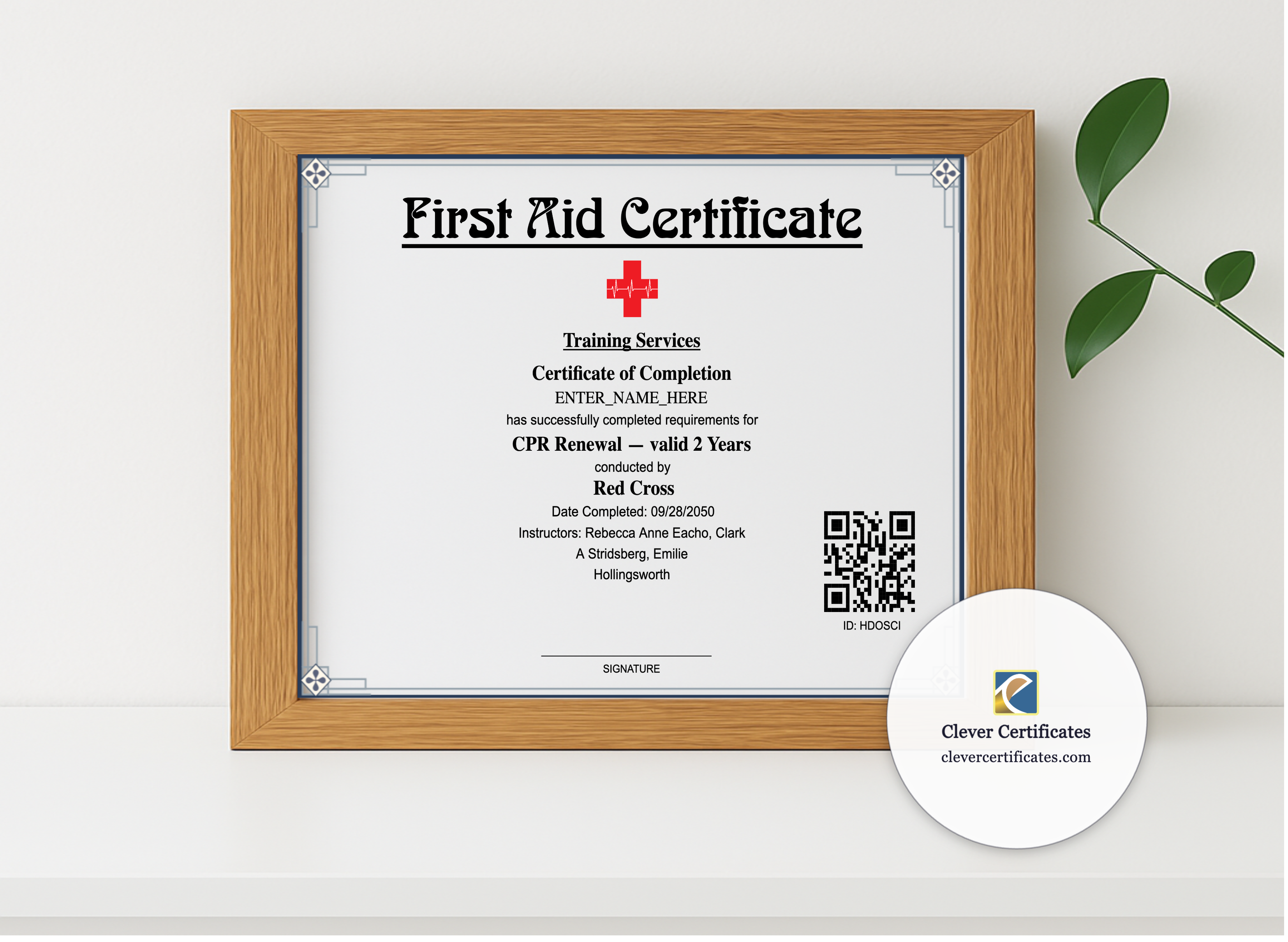Realistic mockup featuring CPR Renewal Certificate Landscape displayed within a modern frame, set against a minimalistic background.
