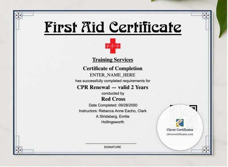CPR Renewal Certificate Landscape presented in a sleek wooden frame, elegantly arranged on a stylish table.