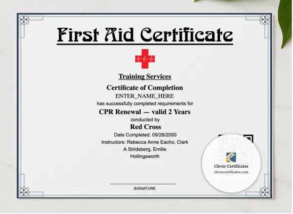CPR Renewal Certificate Landscape presented in a sleek wooden frame, elegantly arranged on a stylish table.