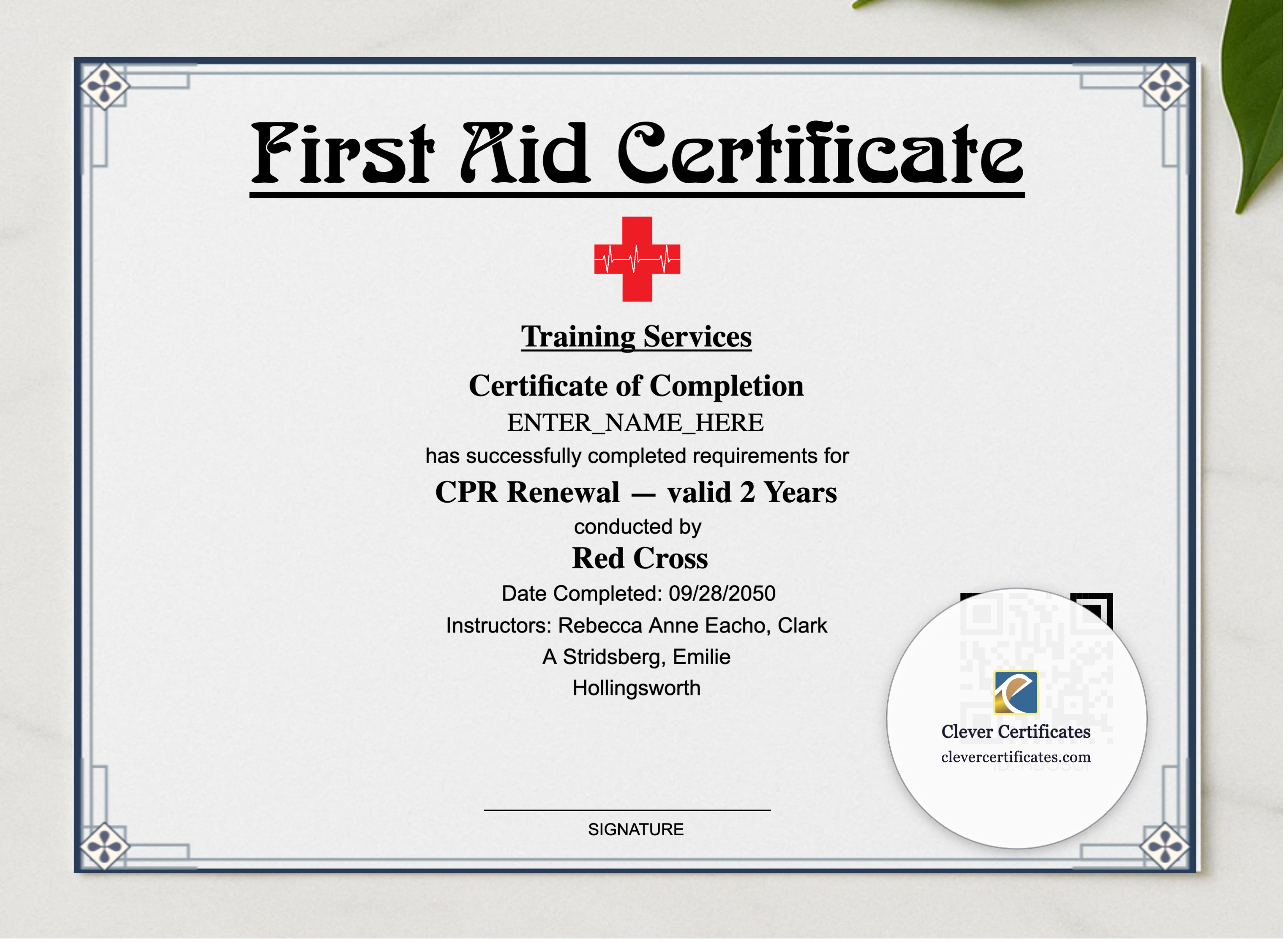 CPR Renewal Certificate Landscape presented in a sleek wooden frame, elegantly arranged on a stylish table.