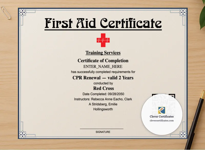 Professional preview of CPR Renewal Certificate Landscape certificate on high-quality stationery paper, ideal for showcasing the final look.