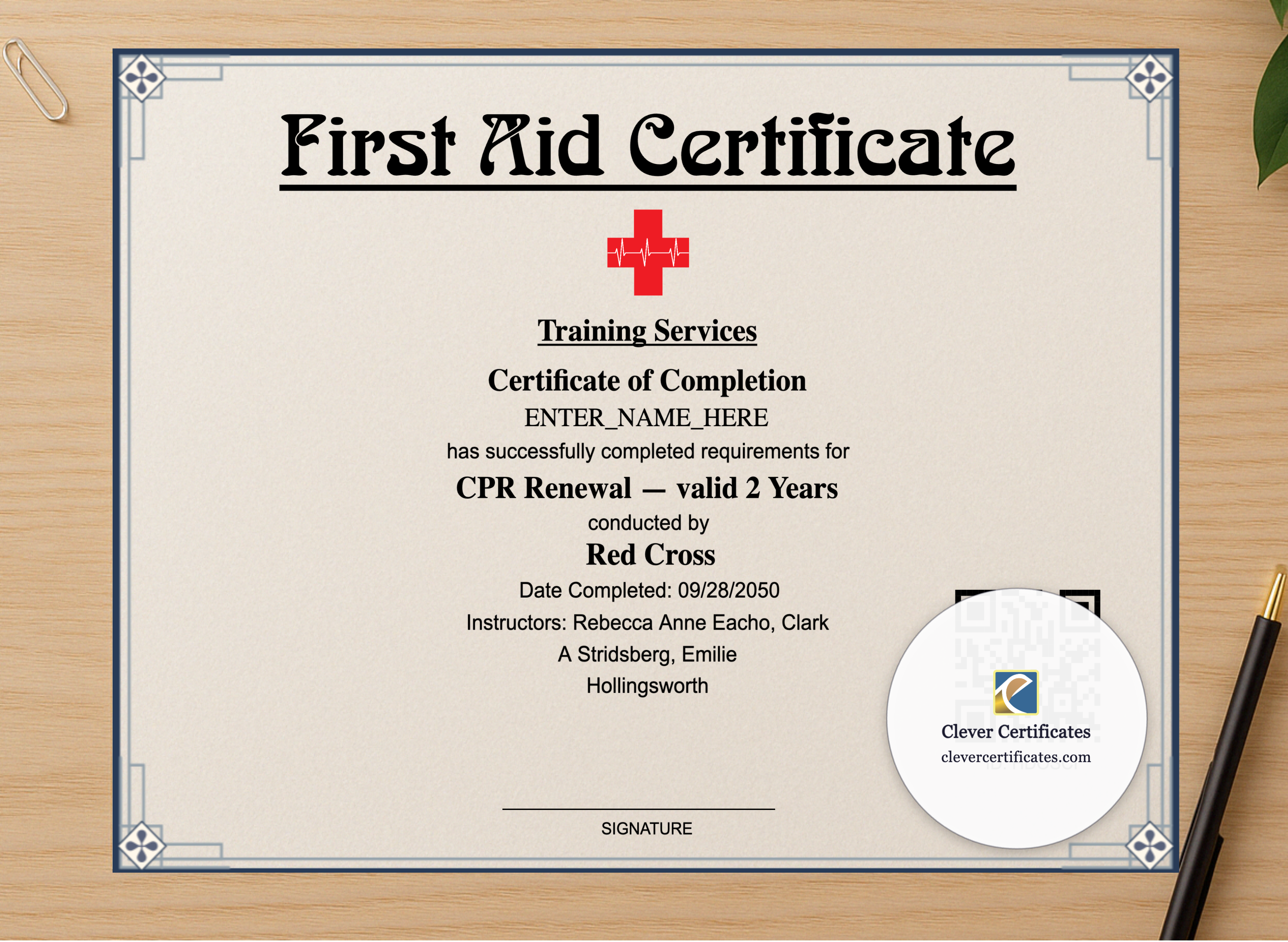 Professional preview of CPR Renewal Certificate Landscape certificate on high-quality stationery paper, ideal for showcasing the final look.