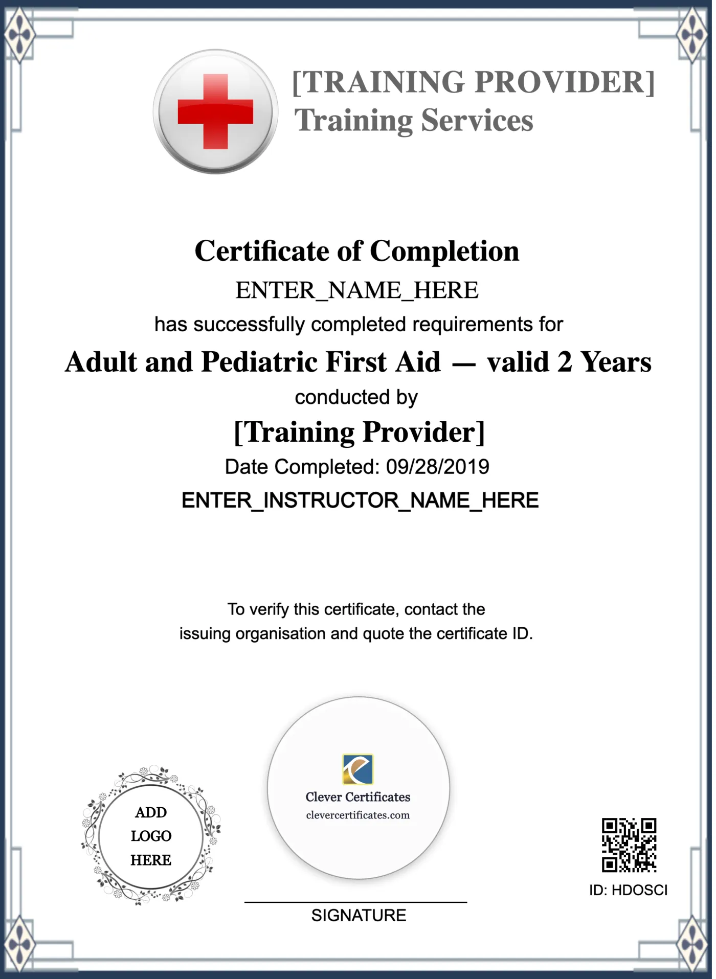 First Aid Certificate Portrait — Certificate Template Preview
