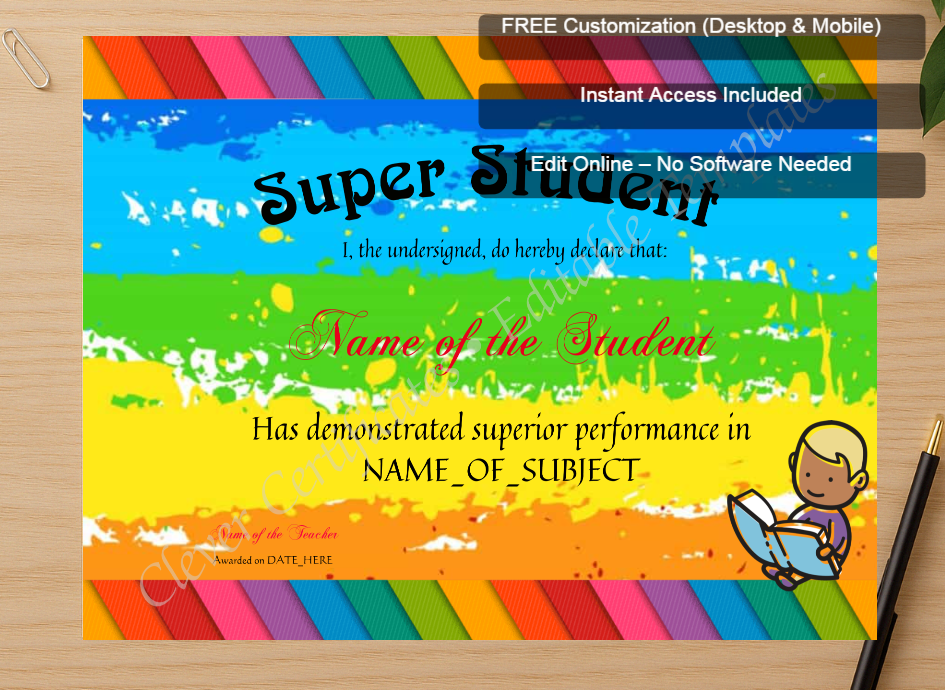 Zoomed preview with Free Editor badge stack for Super Student Award