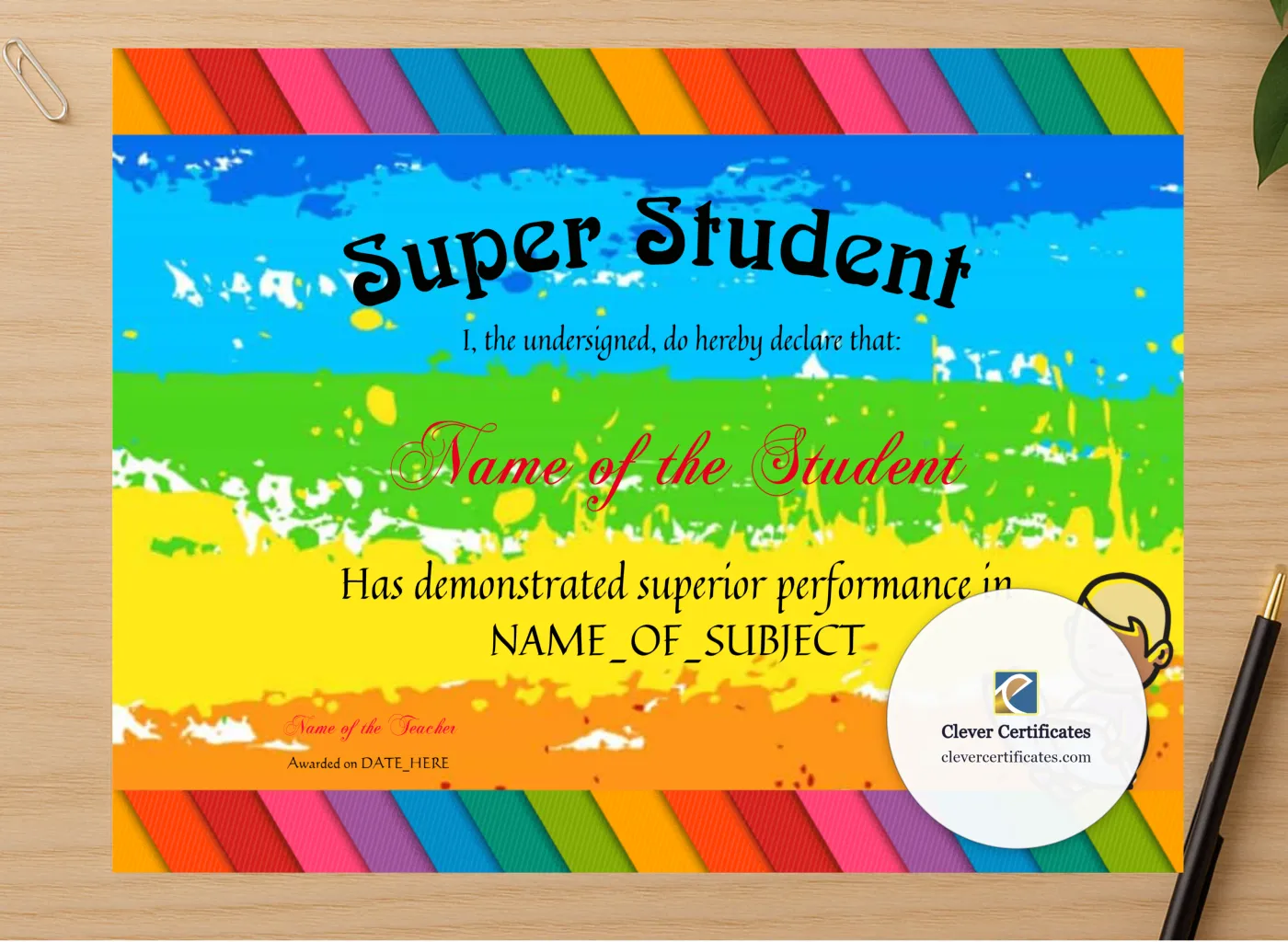 Professional preview of Super Student Award certificate on high-quality stationery paper, ideal for showcasing the final look.