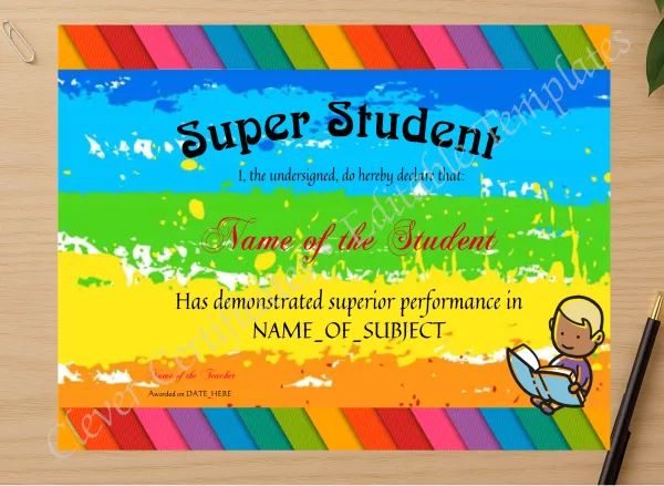 Professional preview of Super Student Award certificate on high-quality stationery paper, ideal for showcasing the final look.