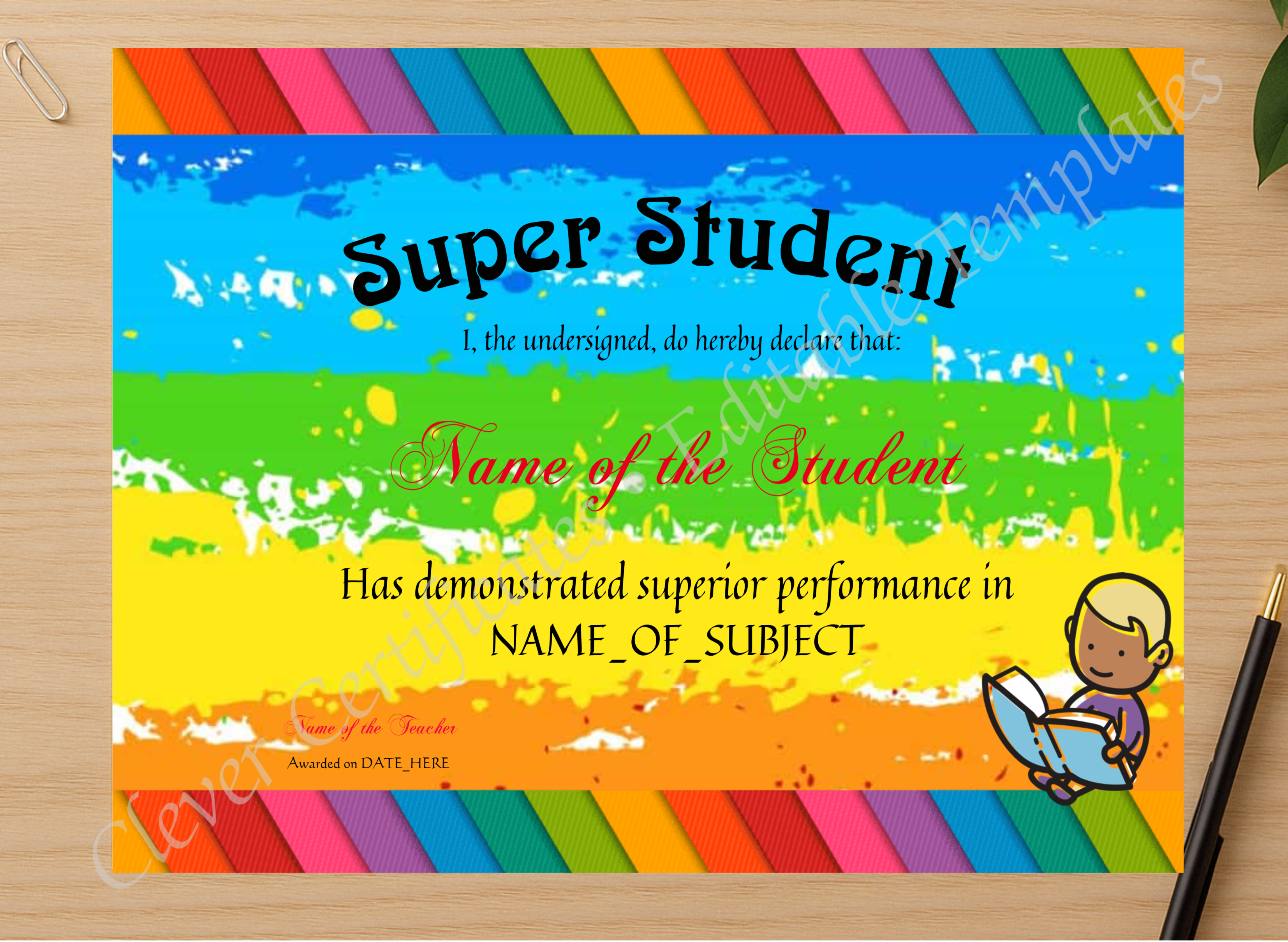 Professional preview of Super Student Award certificate on high-quality stationery paper, ideal for showcasing the final look.