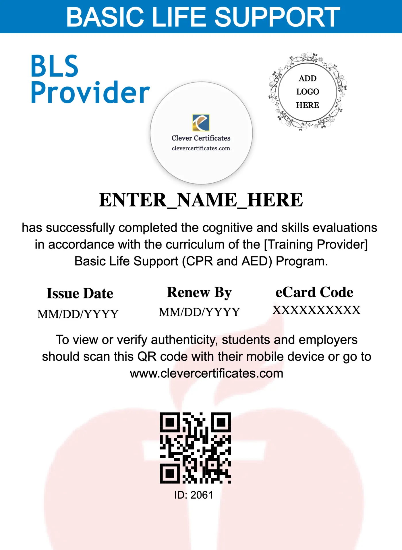 BLS Certificate Portrait — Certificate Template Preview