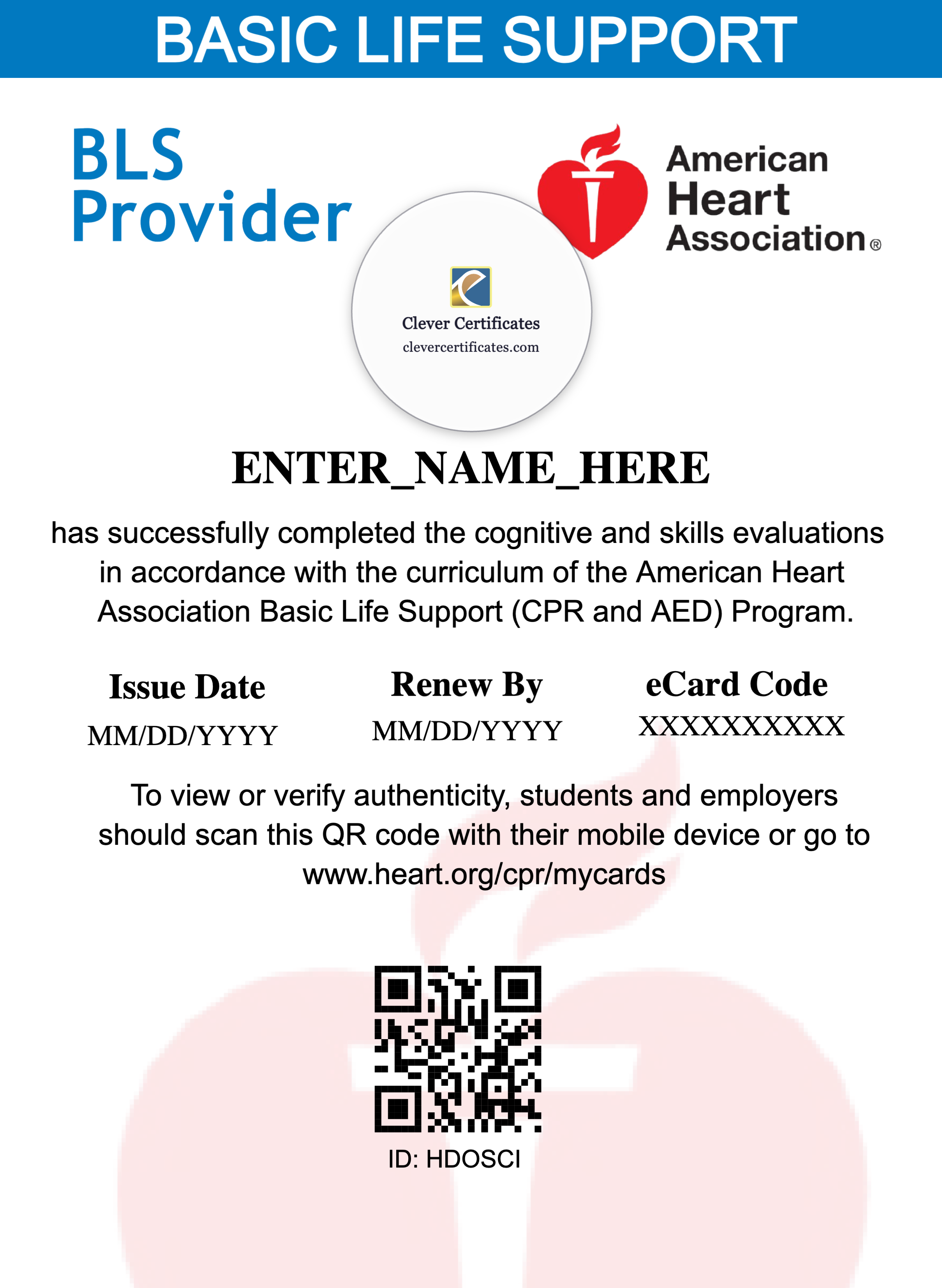 BLS Certificate Portrait — Certificate Template Preview