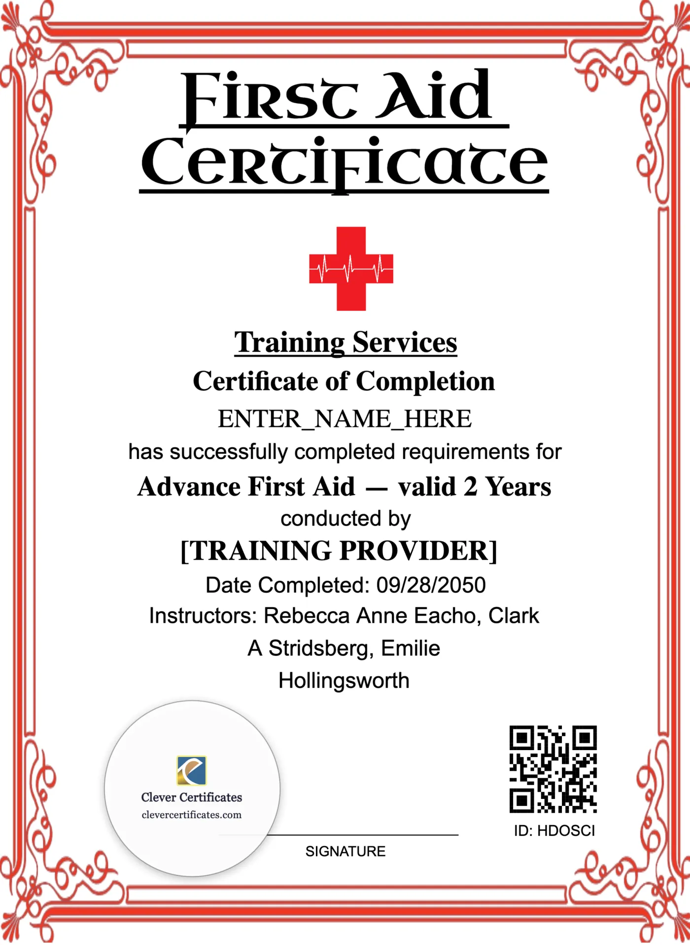 Advanced First Aid Certificate Portrait — Certificate Template Preview